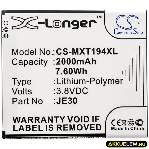Utángyártott Motorola mobil Li-Polymer akkumulátor 3.8V 2000mAh JE30 - CameronSino