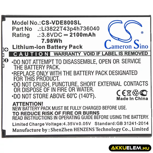 Utángyártott Vodafone mobil Li-ion akkumulátor 3.8V 2100mAh Li3822T43p4h736040 - CameronSino