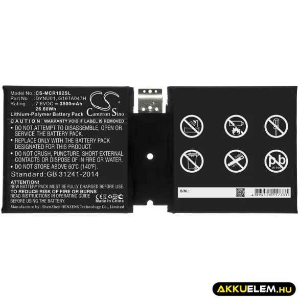 Utángyártott Microsoft Tablet Li-Polymer akkumulátor 7.6V 3500mAh DYNU01, G16TA047H - CameronSino