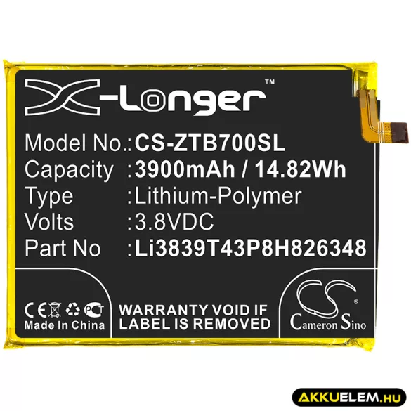 Utángyártott ZTE mobil Li-Polymer akkumulátor 3.8V 3900mAh Li3839T43P8H826348 - CameronSino