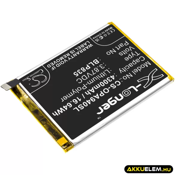 Utángyártott Oppo mobil Li-Polymer akkumulátor 3.87V 4300mAh BLP835 - CameronSino