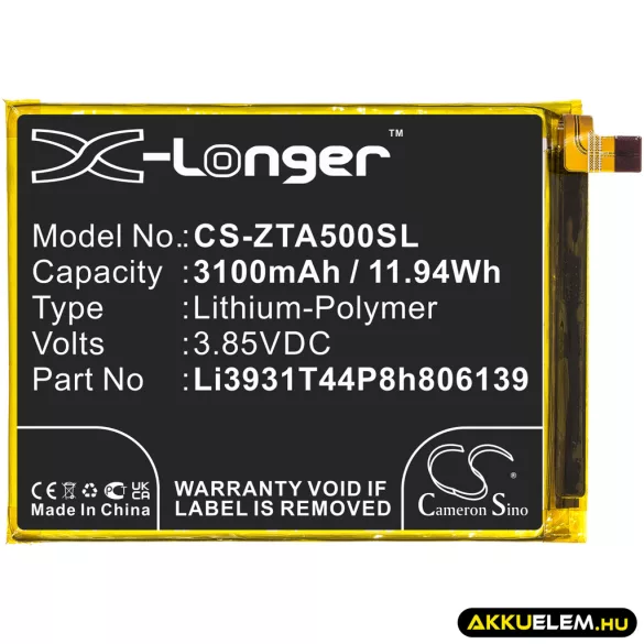 Utángyártott ZTE mobil Li-Polymer akkumulátor 3.85V 3100mAh Li3931T44P8h806139 - CameronSino