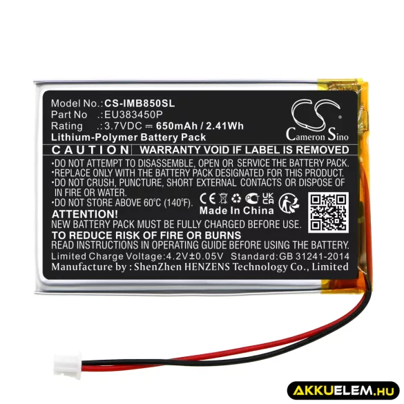Utángyártott Ingenico Fizetési terminál Li-Polymer akkumulátor 3.7V 650mAh EU383450P - CameronSino