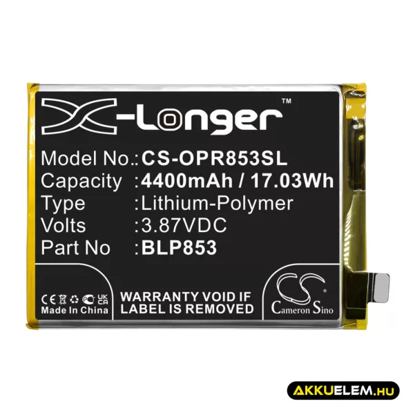 Utángyártott Oppo mobil Li-Polymer akkumulátor 3.87V 4400mAh BLP853 - CameronSino
