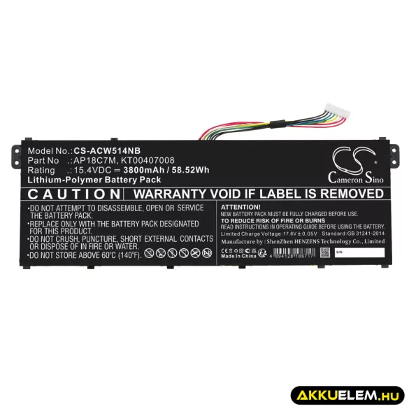 Utángyártott Acer laptop Li-Polymer akkumulátor 15.4V 3800mAh AP18C7M, KT00407008 - CameronSino