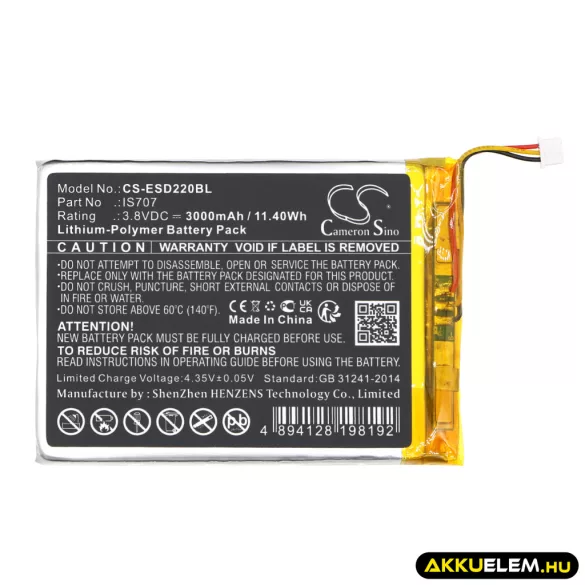 Utángyártott Eservice Fizetési terminál Li-Polymer akkumulátor 3.8V 3000mAh IS707, 1ICP5/55/75 - CameronSino