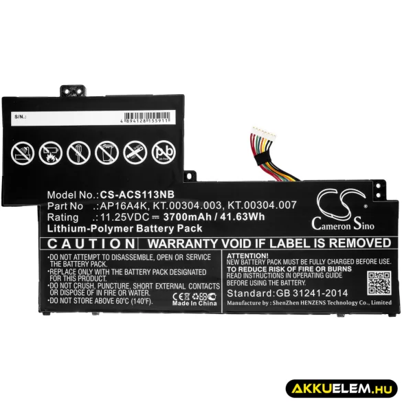 Utángyártott Acer laptop Li-Polymer akkumulátor 11.25V 3700mAh AP16A4K, KT.00304.003 - CameronSino