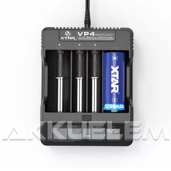 XTAR VP4 négy csatornás Li-Ion LCD kijelzős hálózati akkutöltő