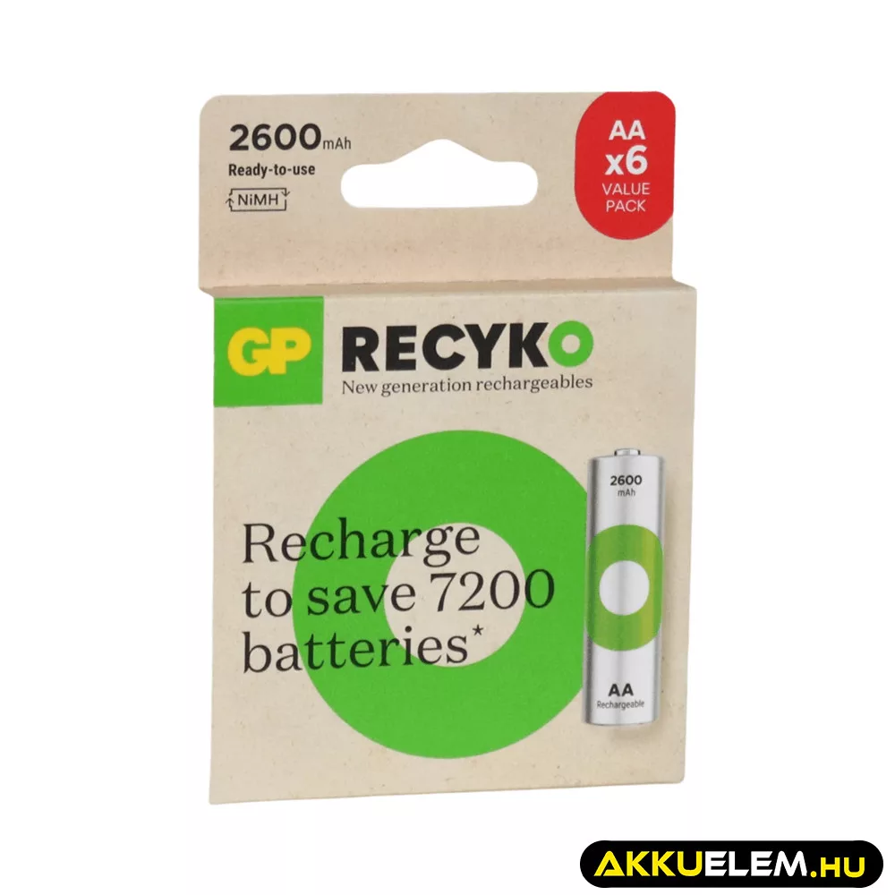 GP ReCyko 1,2V 2600mAh AA elemméretű akkumulátor 6db-os gazdaságos csomagban GP ReCyko 1,2V 2600mAh AA elemméretű akkumulátor 6db-os gazdaságos csomagban
