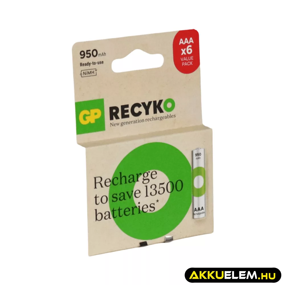GP ReCyko 1,2V 950mAh AAA elemméretű akkumulátor 6db-os gazdaságos csomagban GP ReCyko 1,2V 950mAh AAA elemméretű akkumulátor 6db-os gazdaságos csomagban