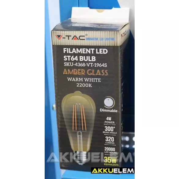 V-TAC E27 4W 350lm 2200K 300 ° Filament LED-izzó nagy körte búrás dimmelhető