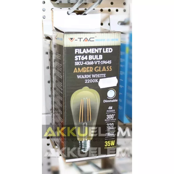 V-TAC E27 4W 350lm 2200K 300 ° Filament LED-izzó nagy körte búrás dimmelhető