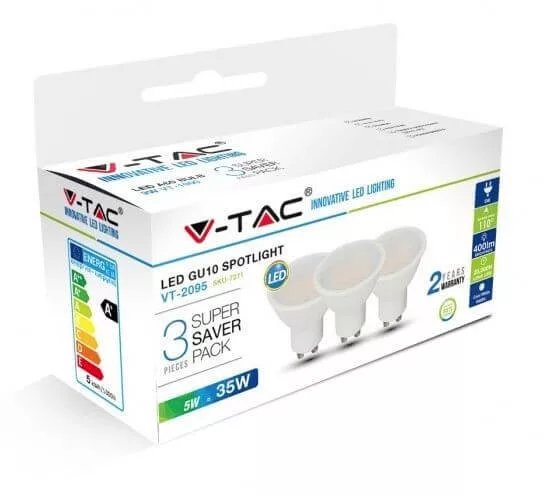 V-TAC GU10 5W 400lm 3000K 110 ° LED-izzó opál 3 db-os csomagban V-TAC GU10 5W 400lm 3000K 110 ° LED-izzó opál 3 db-os csomagban
