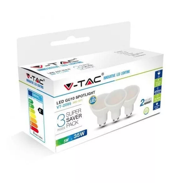 V-TAC GU10 5W 400lm 3000K 110 ° LED-izzó opál 3 db-os csomagban
