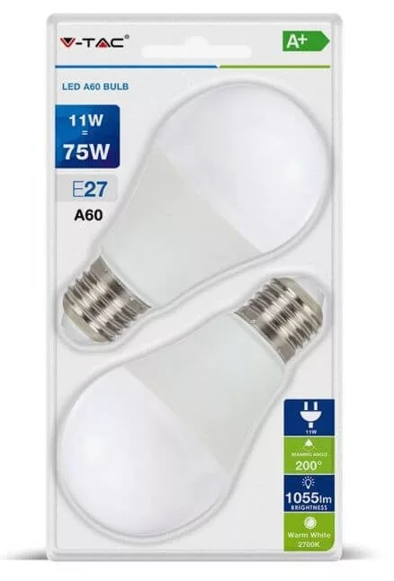 V-TAC E27 11W 1055lm 2700K LED-izzó 2db/csomag V-TAC E27 11W 1055lm 2700K LED-izzó 2db/csomag