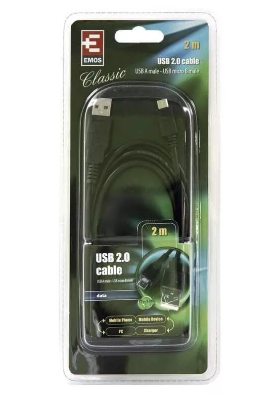 USB-microUSB kábel USB2.0 2 m 480MBs, fekete USB-microUSB kábel USB2.0 2 m 480MBs, fekete