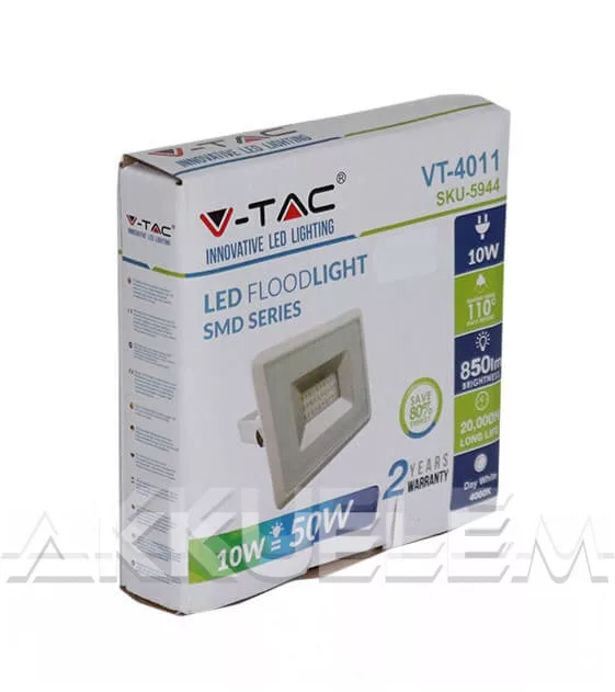 V-TAC 10W 850lm 4000K LED-reflektor fehér színű burkolat, természetes fehér fény