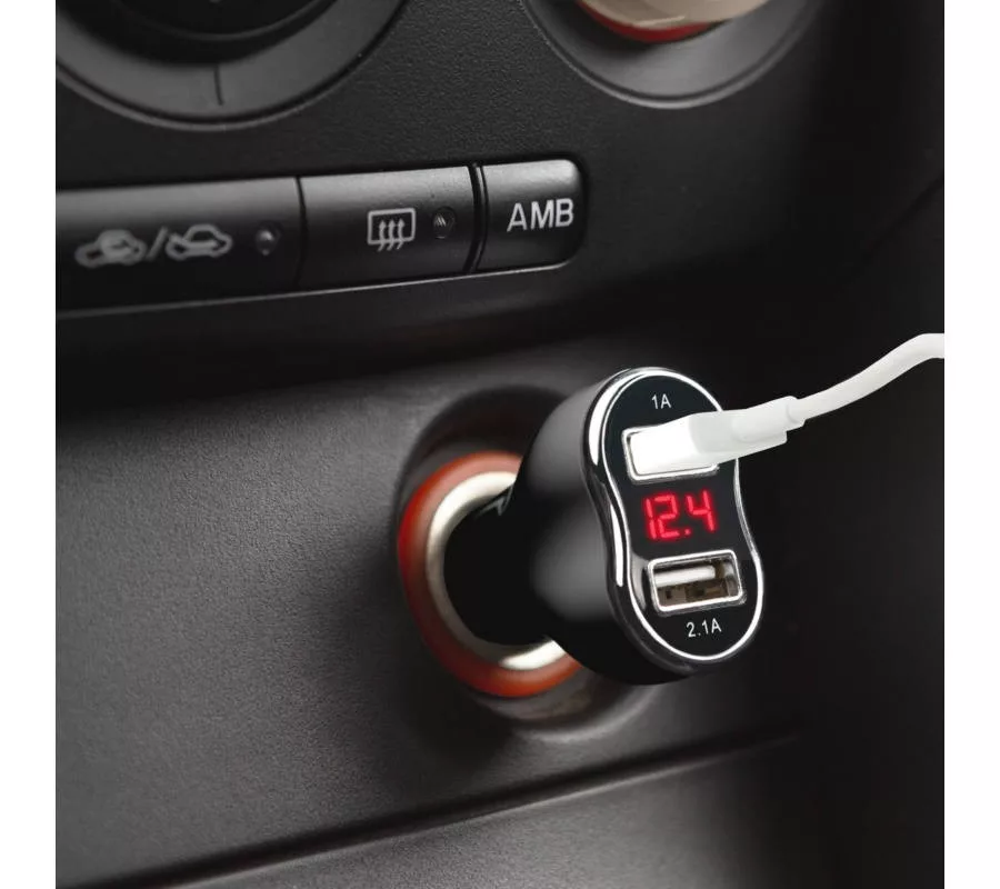 Kijelzős 2,1A USB autós adapter, V/A mérő 55054BK