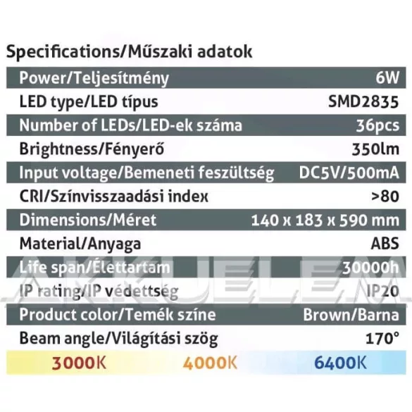 Avide 6W 350lm 5000K asztali lámpa barna színű, bőrhat., naptáras