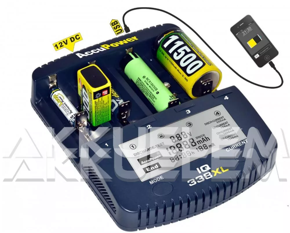 Accupower IQ-338XL Li-ion Ni-Cd Ni-MH univerzális gyorstöltő LCD-kijelzős