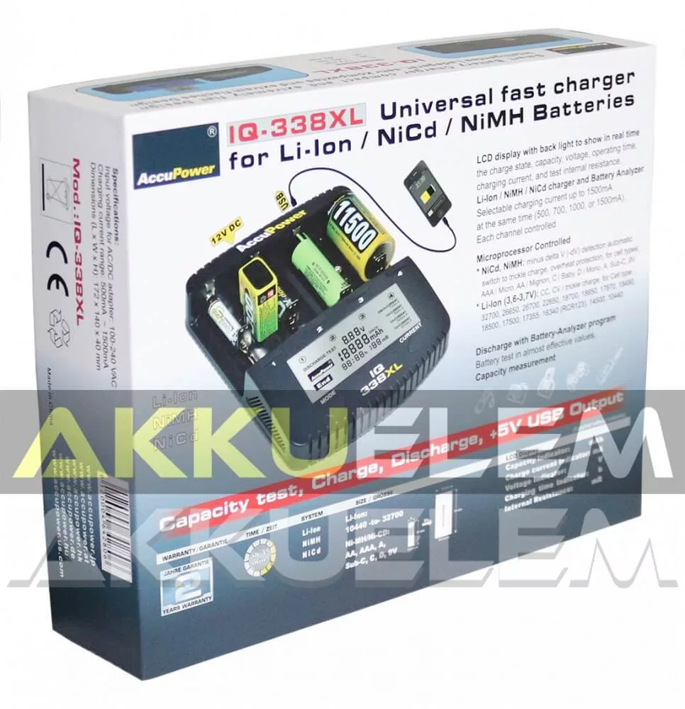 Accupower IQ-338XL Li-ion Ni-Cd Ni-MH univerzális gyorstöltő LCD-kijelzős