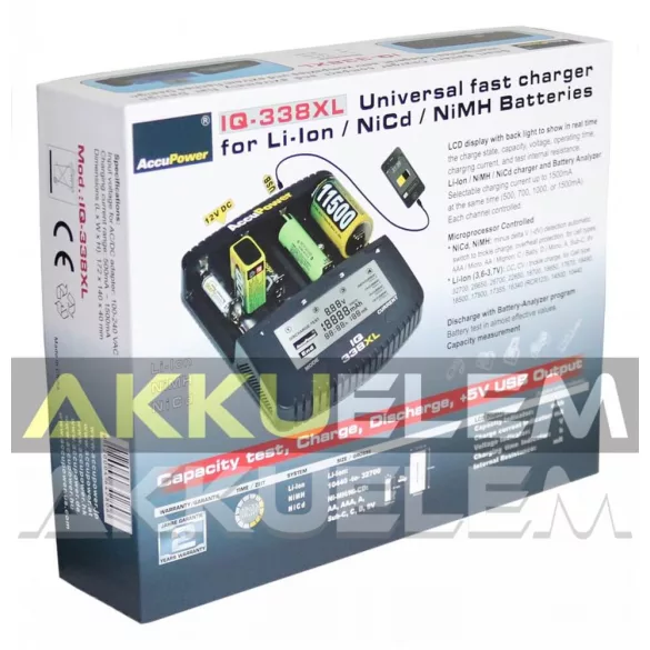 Accupower IQ-338XL Li-ion Ni-Cd Ni-MH univerzális gyorstöltő LCD-kijelzős