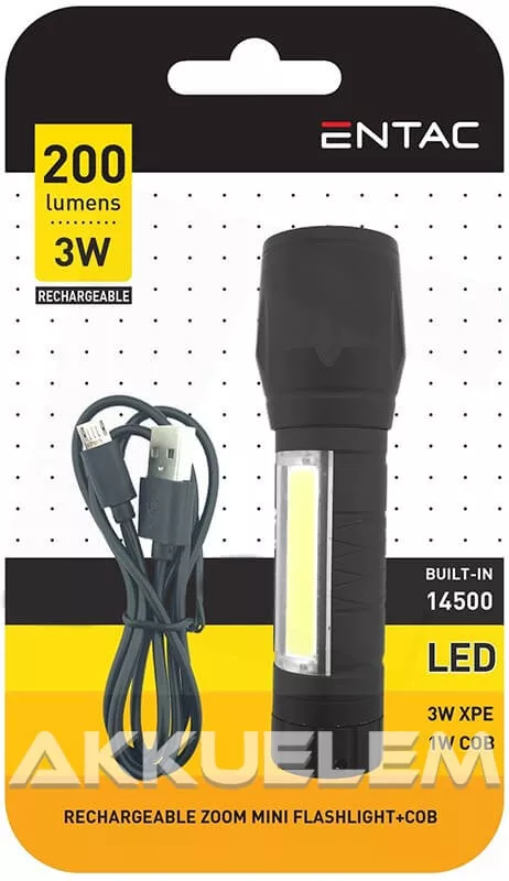 Entac 3W+1W COB 200lm elemlámpa USB-töltős, zoomolható Entac 3W+1W COB 200lm elemlámpa USB-töltős, zoomolható