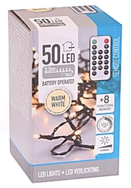   Karácsonyi fényfüzér 50LED 3,5m távirányítós kültéri 3xAA
