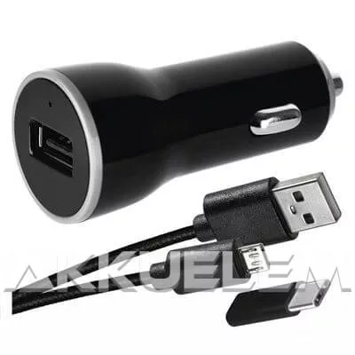 USB autós adapter 1m micro USB kábellel USB-C átalakítóval 2,1A