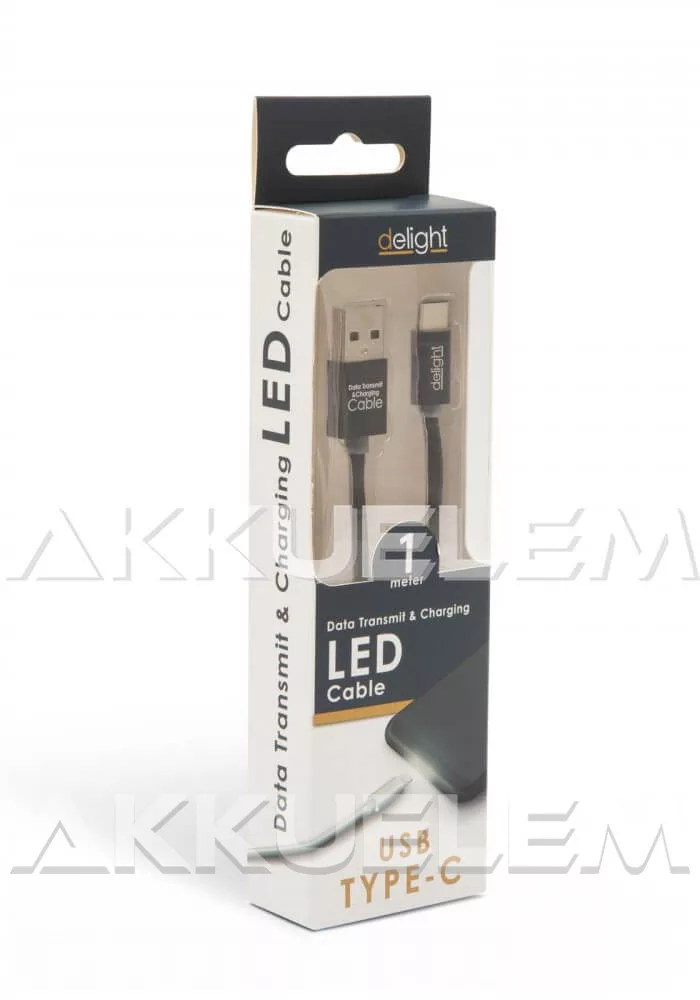 USB Adatkábel + töltő 1m USB-C LED fénnyel fekete