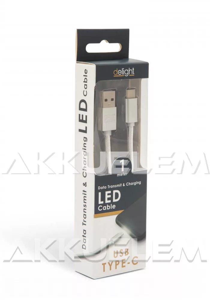 USB Adatkábel + töltő 1m USB-C LED fénnyel ezüst
