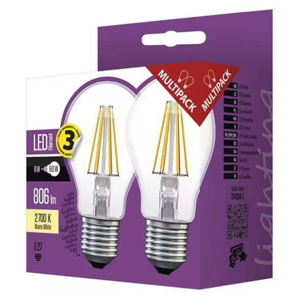 EMOS E27 6W 806lm 2700K Filament A60 LED-izzó 2db-os csomagban