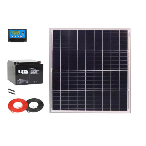 Napelem csomag 12V 60W + 10A PWM töltésv. + 28Ah UPS akku + kábelek