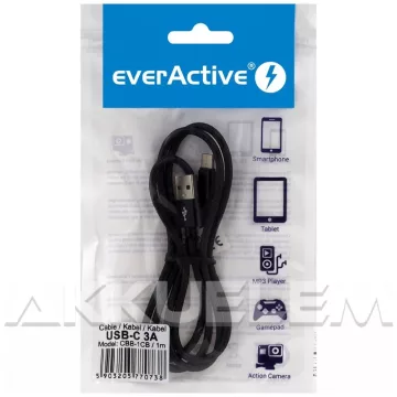 everActive USB-C kábel 3A 1 m FEKETE vászon borít.