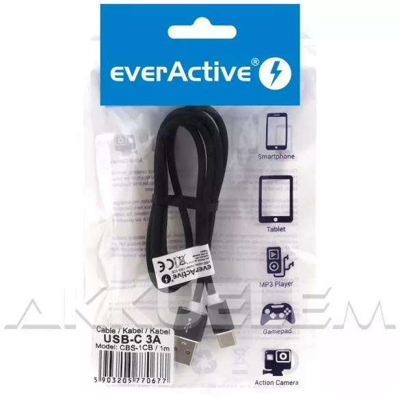 everActive USB-C kábel 3A 1 m FEKETE