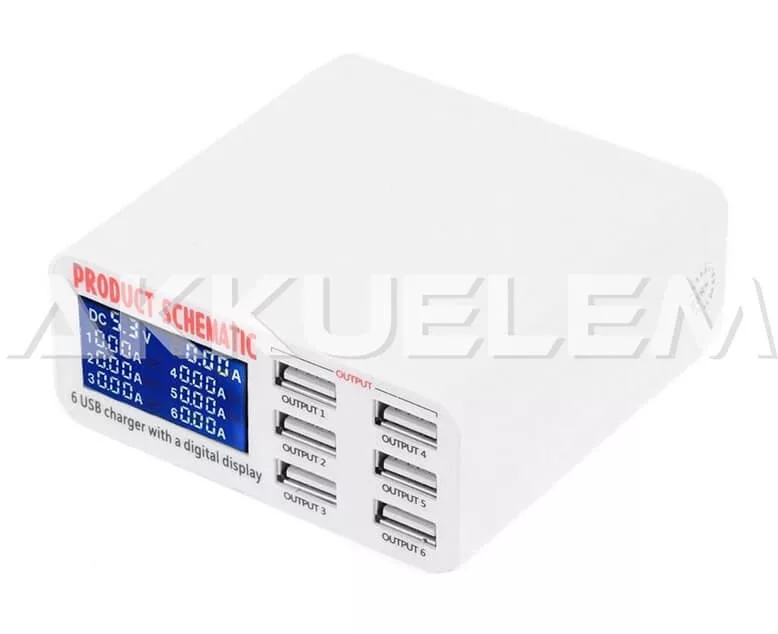 USB adapter 6 csatornás LCD kijelzővel 30W modell 899 5V 2,4A Charging Experts