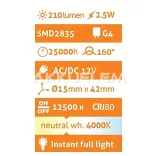 Avide G4 2,5W 12V 210lm 4000K LED-izzó 3év gar. A+