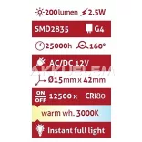 Avide G4 2,5W 12V 210lm 3000K LED-izzó 3év gar. A+