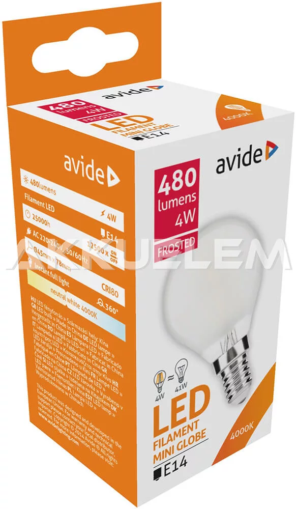 Avide Frosted Filament Mini Globe E14 4W 480lm 4000K LED-izzó 3év gar.