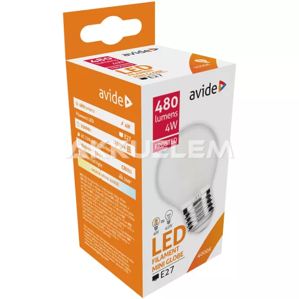 Avide Frosted Filament Mini Globe E27 4W 480lm 4000K LED-izzó 3év gar.