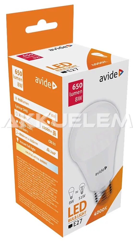 Avide Globe E27 A60 8W 650lm 4000K LED-izzó 3év gar.