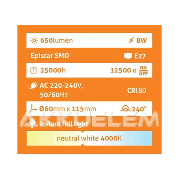 Avide Globe E27 A60 8W 650lm 4000K LED-izzó 3év gar.