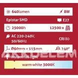 Avide Globe E27 A60 8W 640lm 3000K LED-izzó 3év gar.