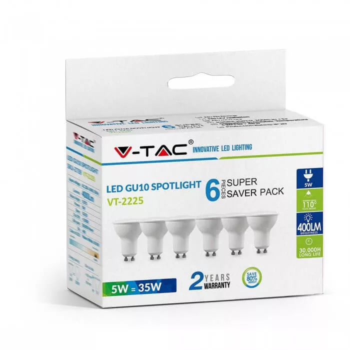 V-TAC GU10 Opál 5W 4000K 400lum 110° LED spotlámpa 6db/doboz V-TAC GU10 Opál 5W 4000K 400lum 110° LED spotlámpa 6db/doboz