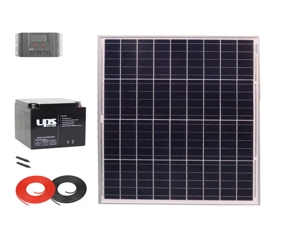 Napelem csomag 12V 60W + 10A MPPT töltésv.+ 28Ah UPS akku + kábelek