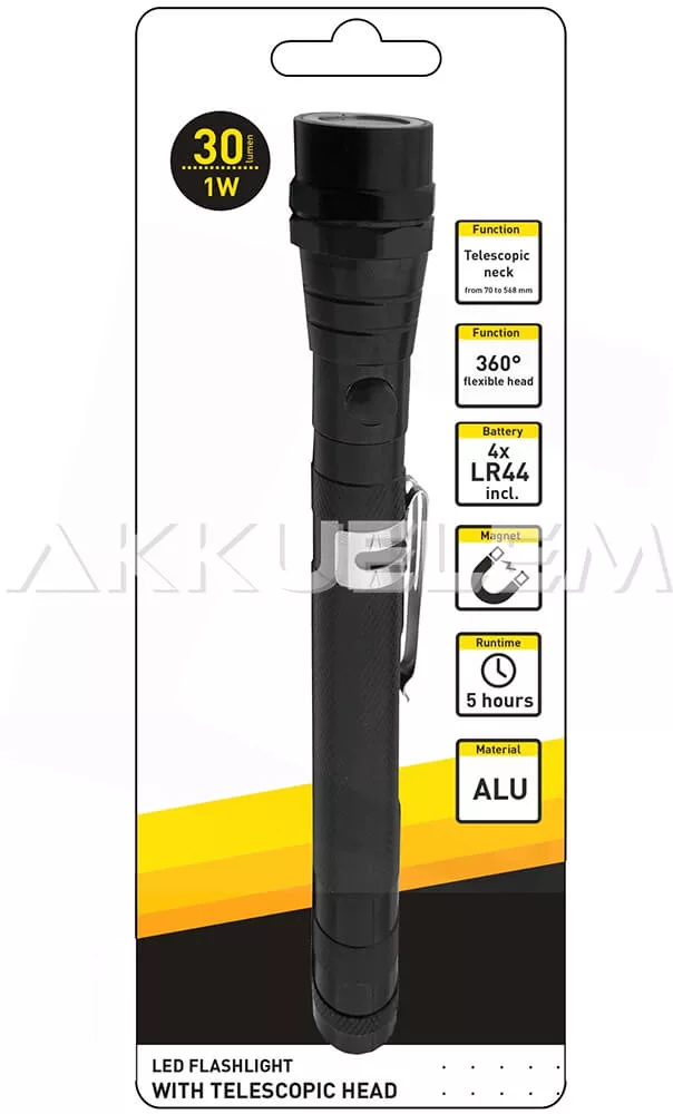 Elemlámpa kihúzható, hajlítható nyakkal 1W + 4xLR44 elem