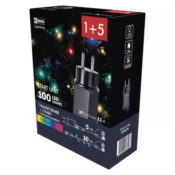 Karácsonyi fényfüzér 100LED 10m + tápkábel 5m IP44 színes CNT