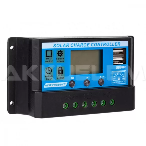 Napelem Töltésvezérlő 12V/24V 20A PWM +2xUSB SOLAR