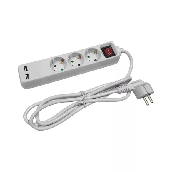 Hálózati hosszabbító 3 aljzat + 2 x USB + kapcsoló  1.5m kábel