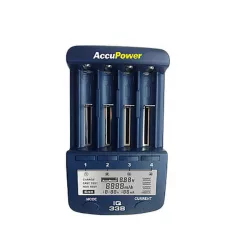   AccuPower IQ-338 Li-ion Ni-MH Ni-Cd univerzális gyorstöltő LCD kij.